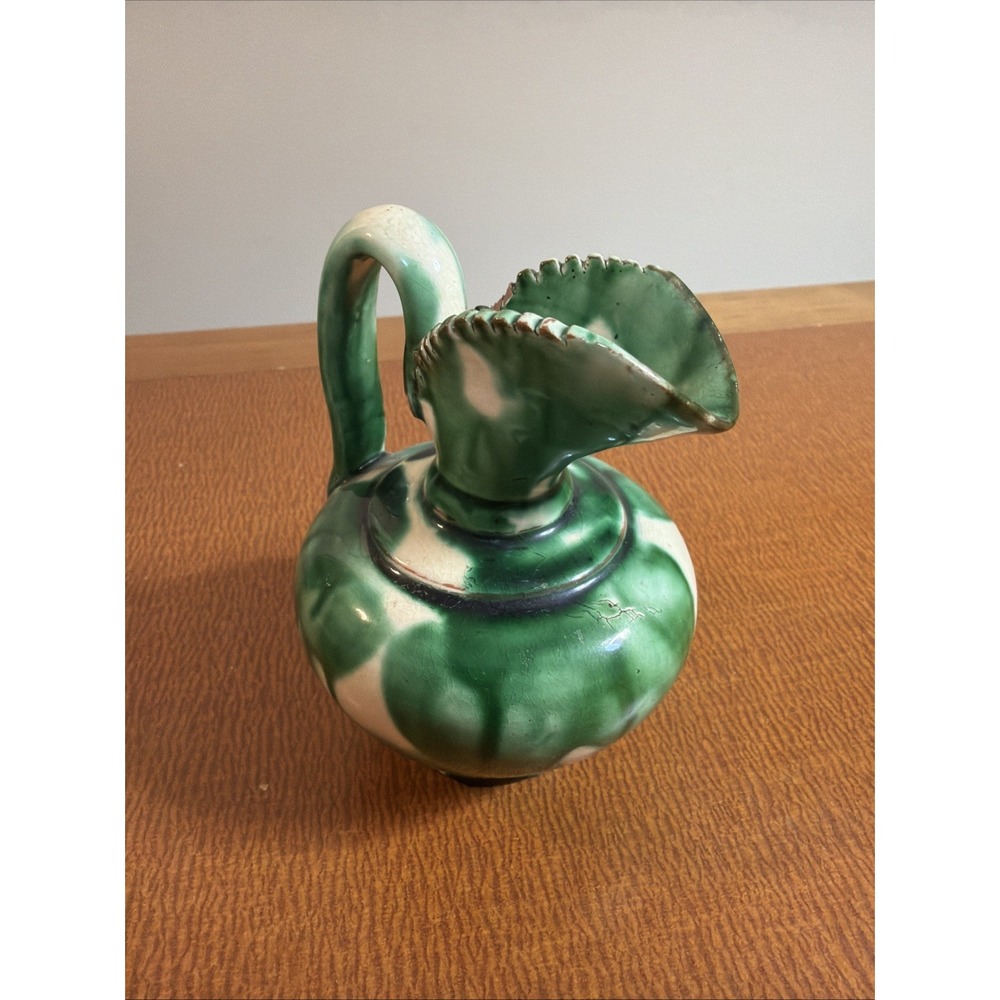 VTG Mexico Pottery Small Pitcher Creamer w/Vibrant Colors , Saw Tooth Edge 4"